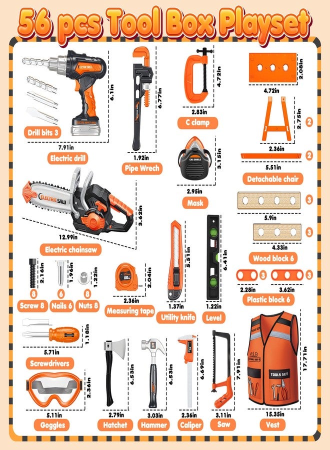 HUITEM Kids Tool Set Toys, 56 Pcs Toddler Tool Set with Toy Chainsaw & Electronic Drill,Vest, Pretend Play Kids Construction Tools Toy for Toddler 3-5 Years Old Christmas Birthday Gifts - Image 2